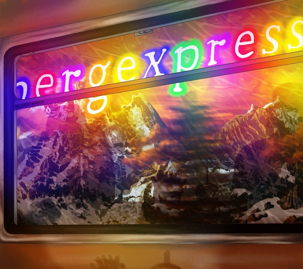 A digital drawing of the view from a train cabin looking out on snowy mountains. Neon letters spelling "bergexpress" are glowing on the window.