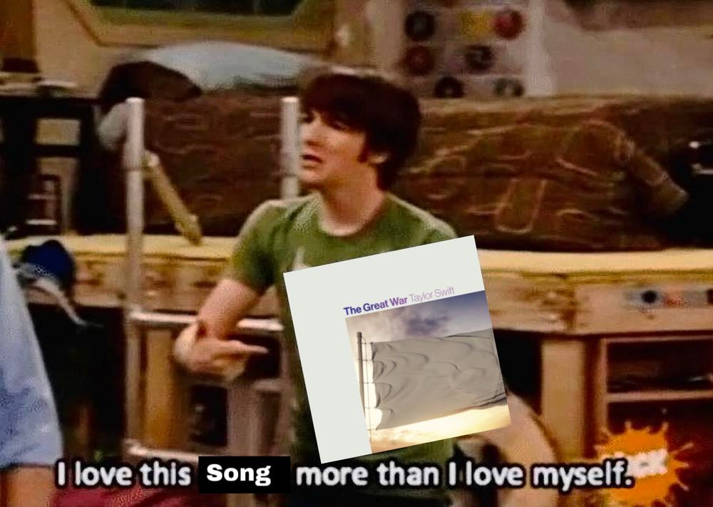 Drake bell pointing to the Great War by Taylor swift with the caption “I love this song more than I love myself” 