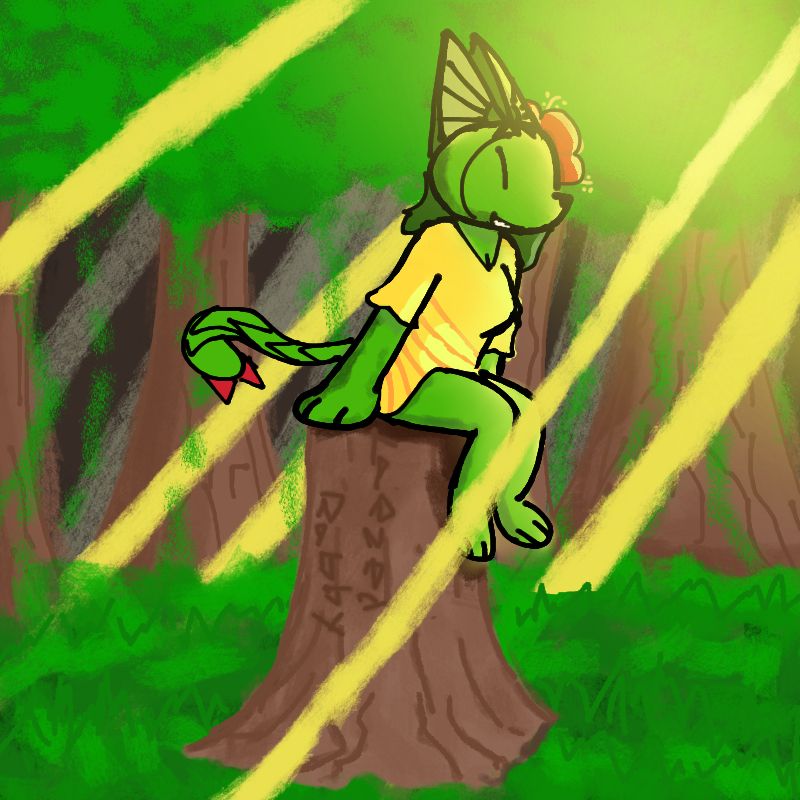 arina, the plant cat lady in a forest sitting on a trunk, lookin upwards towards the sun as its rays shine down