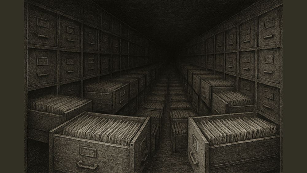 A dimly lit, endless row of open file cabinets filled with documents extends into darkness. ChatGPT made this image but it couldn't put the handles on the correct sides of the drawers. 