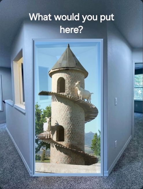A goat tower in a small room 