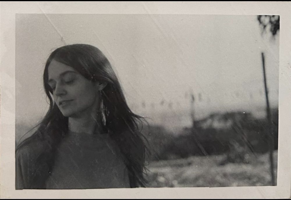 Black and white photograph of Alice Notley in Bolinas, California, early 1972.