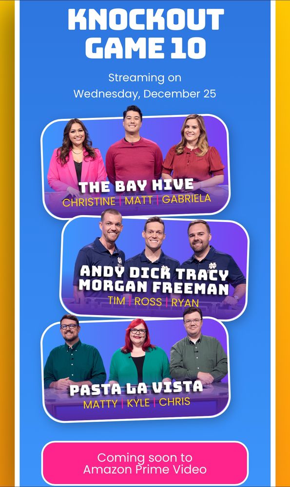 A screen shot of three 3-person teams appearing on Pop Culture Jeopardy on Amazon Prime December 25th. Teams featured are The Bay Hive, Andy Dick Tracy Morgan Freeman, and Pasta La Vista. 