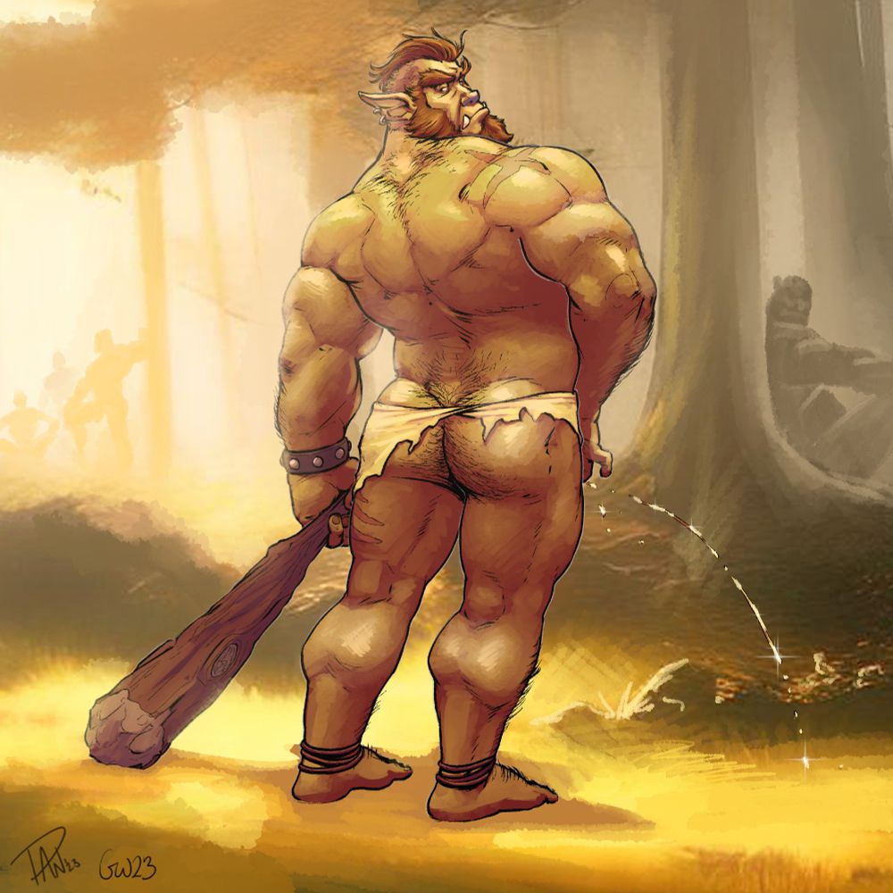 A nearly-naked golden-skinned orc viewed from behind. He looks over his shoulder as he urinates