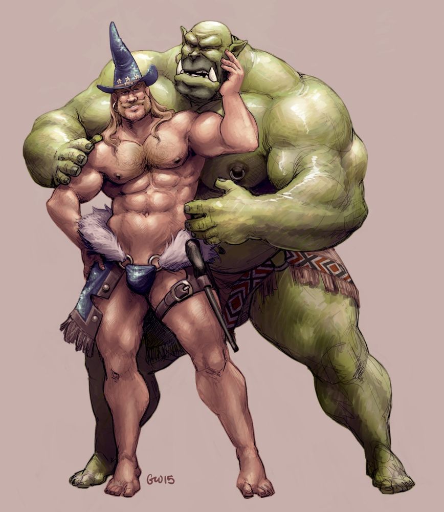 A nearly-naked wizard who is also a cowboy stands with his hand caressing the face of a hulking orc standing just behind him.