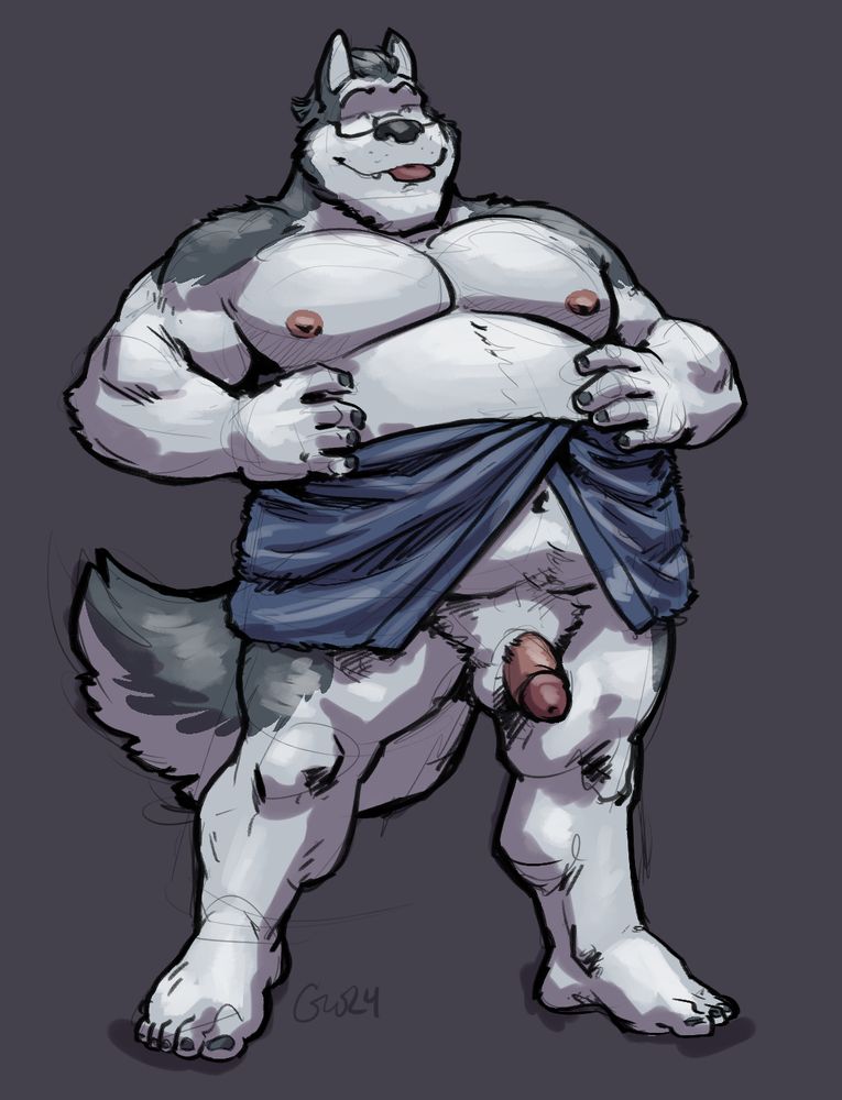 A fat huskie man wearing a towel that is too small to cover his penis.