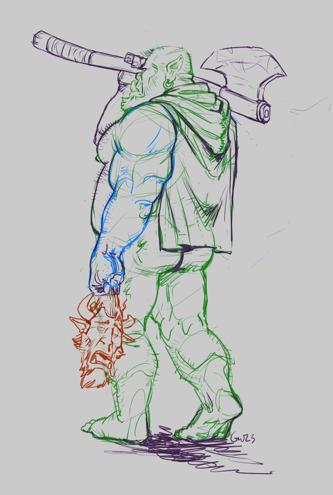 A nude orc man carries an axe over one shoulder, and the severed head of a demon in the other hand