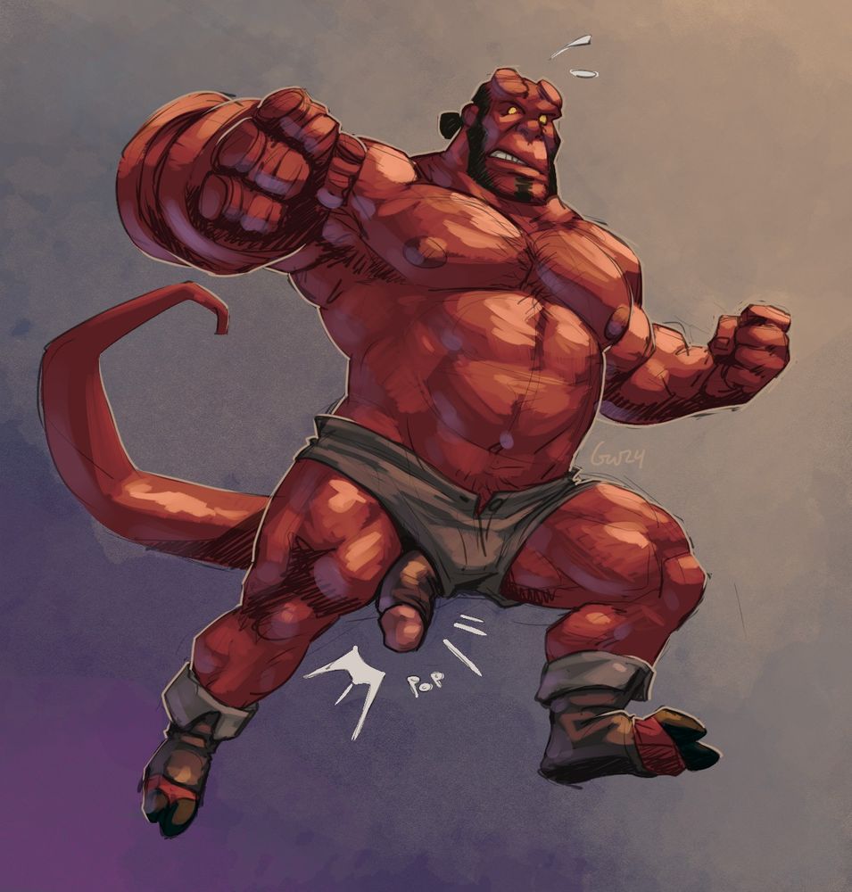 Hellboy wearing very short shorts, with his penis slipping out the leg hole.