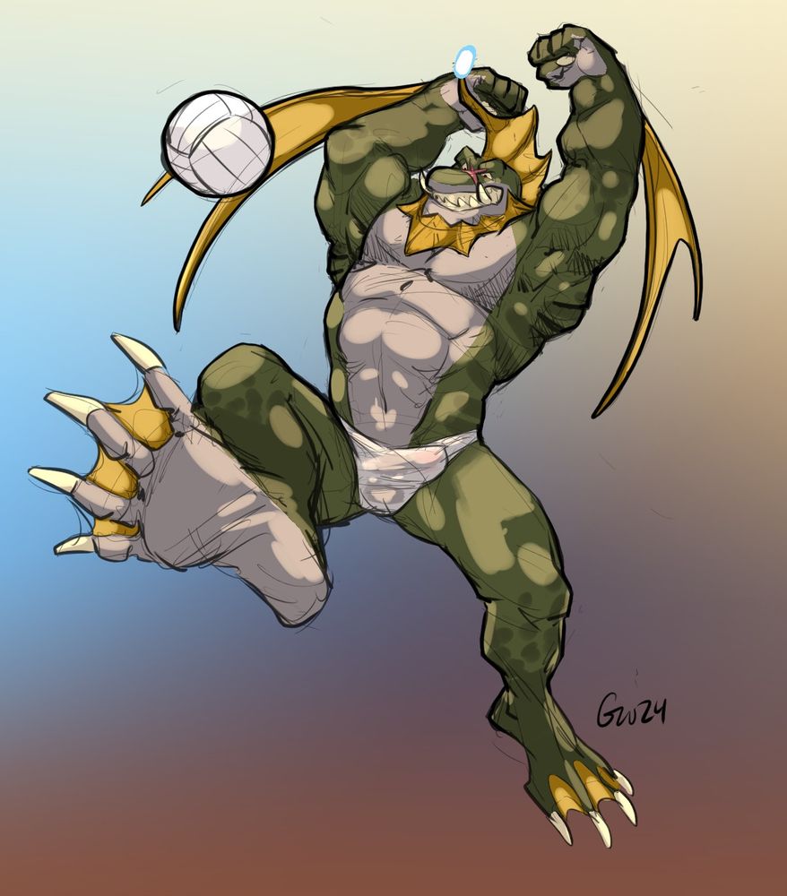 A sahaguin with arms raised getting ready to spike a volleyball.