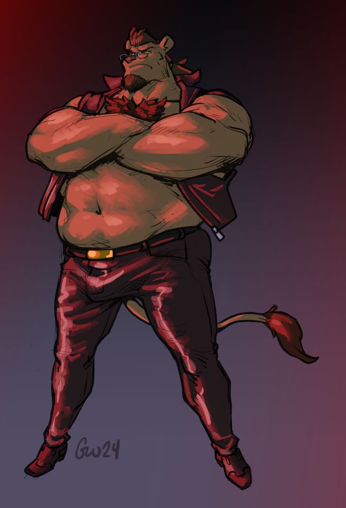 imposing top-heavy lion wearing tight leather pants