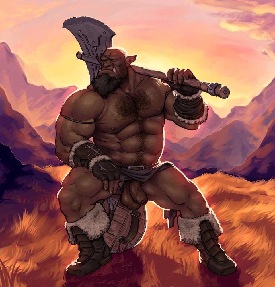 An orc sitting on his shield on a grassy hilltop at sunrise. He has an axe hoisted over his shoulder, and his other hand is pulling his loincloth aside to reveal his penis.