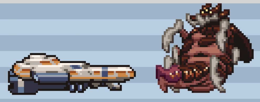 A pixel art image of a large, fat insectoid monster next to a starship.