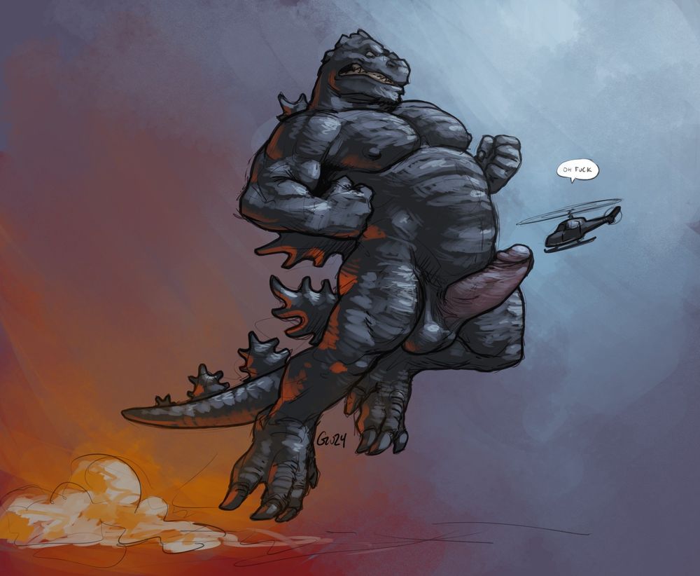Godzilla with a prominent erection, leaping at a nearby helicopter.