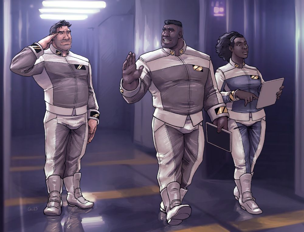 A uniformed man salutes as two superior officers walk past him in a hallway. One of the officers is genial, the other ignores him.