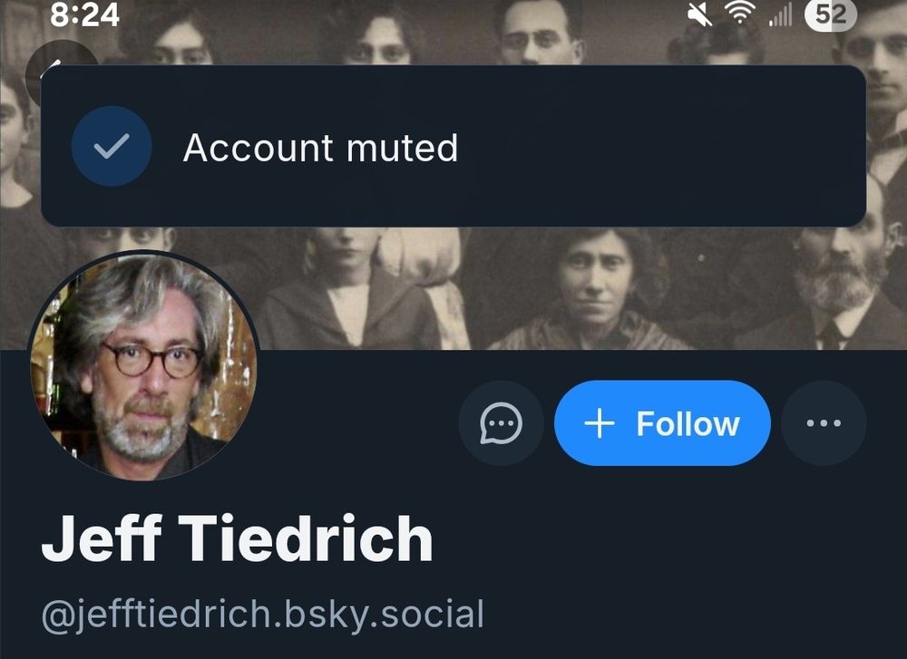 A screen shot of unshowered liberal reply guy Jeff Tiedrich's Bluesky profile with Bluesky's "Account muted" notification visible.