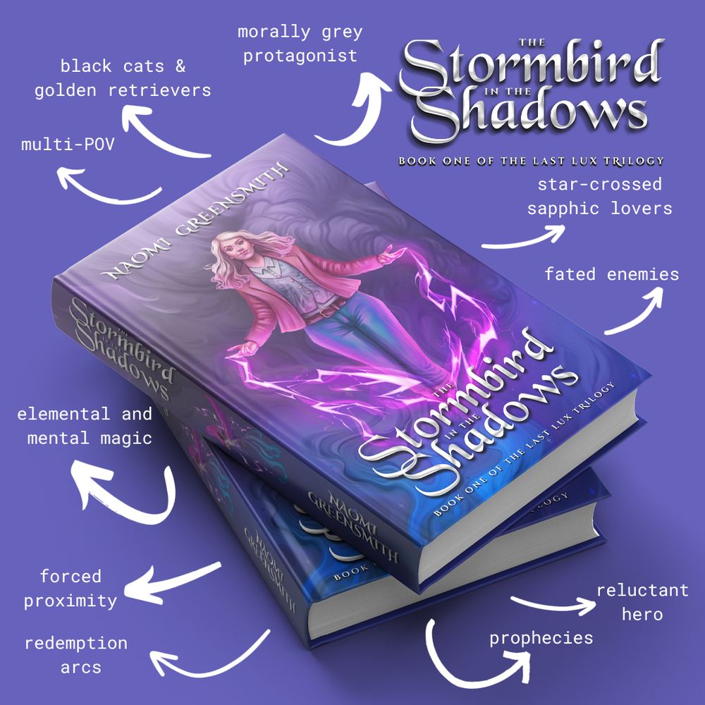 Muti-POV
Morally grey protagonist
Grumpy black cats and adorable golden retrievers
A star-crossed sapphic subplot
Fated enemies
A reluctant hero
A spooky seer doling out unwanted prophecies
Redemption arcs
Forced proximity enemies-to-lovers
Elemental and mental magic