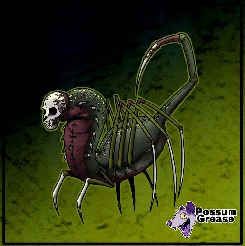 Creature with spider body, skull head and stinger tail