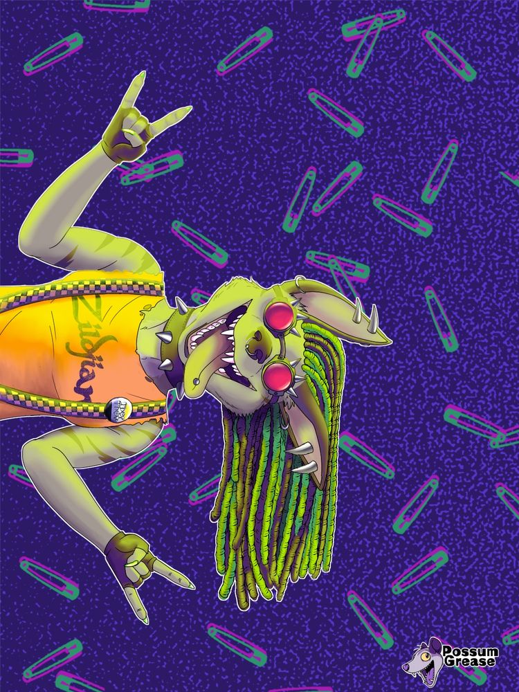 Cartoon punk hyena in front of safety pin background 