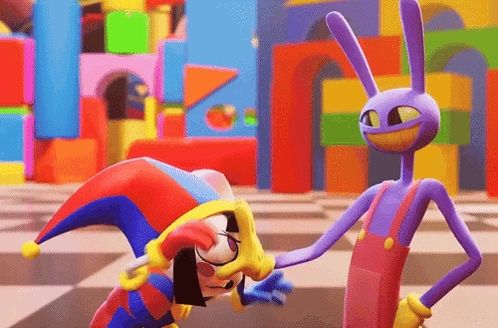 a jester and a purple rabbit are standing next to each other in front of colorful blocks