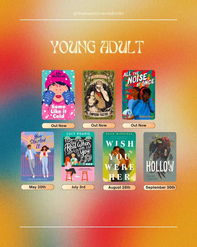 Orange, red, and blue-colored graphic displaying seven recently released or upcoming young adult titles featuring autism representation. The titles featured are: “Some Like it Cold” by Elle McNicoll, “Compound Fracture” by Andrew Joseph White, “All the Noise at Once” by DeAndra Davis, “You Started It” by Jackie Khalilieh (May 20th), “Real When I’m With You” by Lucy Powrie (July 3rd), “Wish You Were Her” by Elle McNicoll (August 26th), and “Hollow” by Taylor Grothe (September 30th).