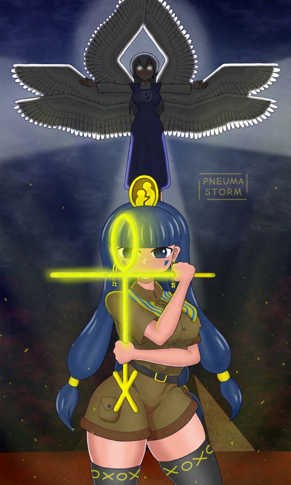 Nareko doing Ankh pose with her staffs, while Sariel floating behind her while doing Ankh pose with her wings