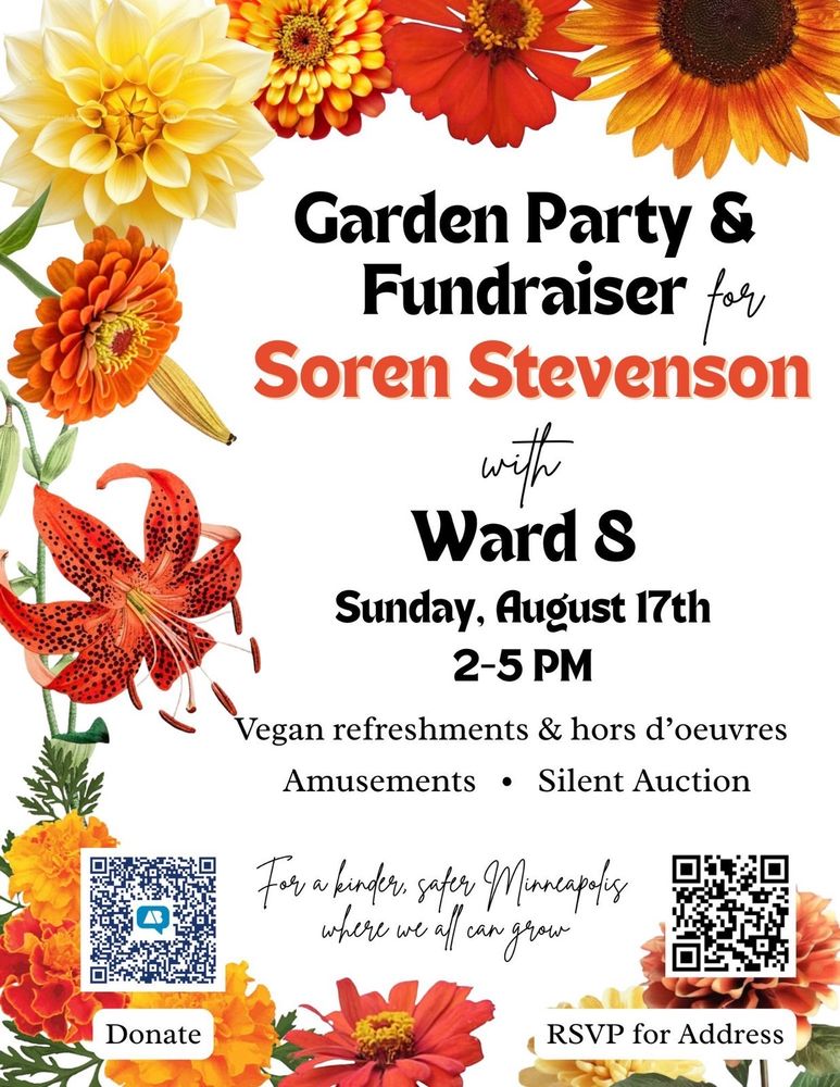 Garden Party and Fundraiser for Soren. Vegan refreshments and hors d'oeuvres. qr codes to donate and to sign up to attend