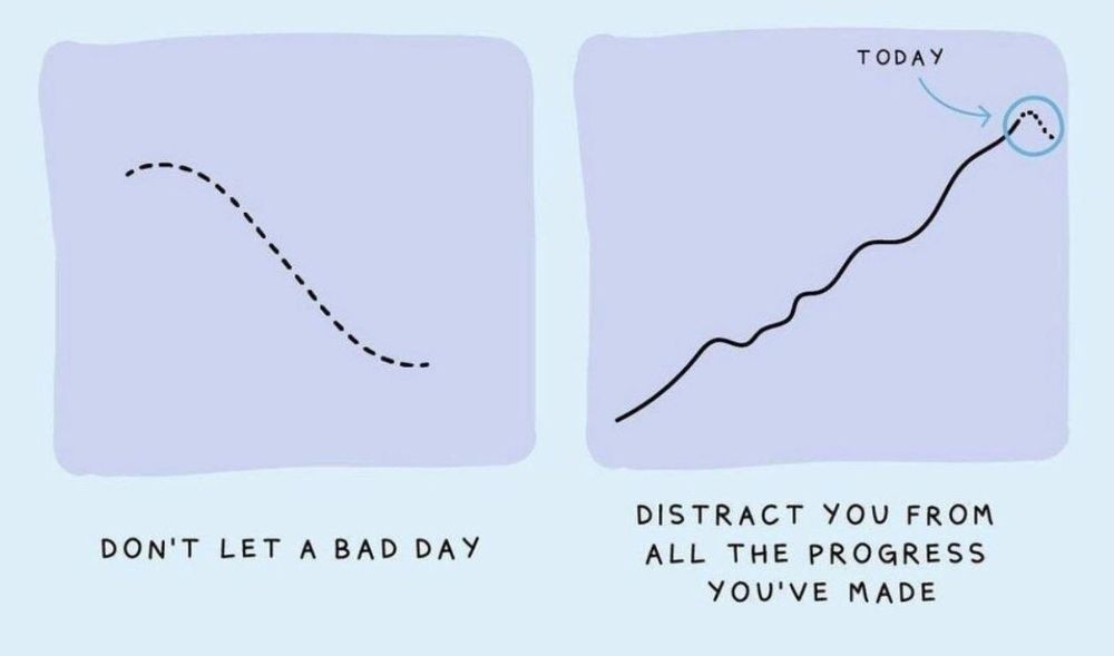 Illustration by Liz Fossilien showing two graphs with text underneath each one.

Graph 1: A dotted downward curve.
Graph 2: A steady upwards trend with little ups and downs along the way, and the little dotted downwards line from the first graph shown at the very top, highlighted as "Today".

The text underneath the graphs say, "Don't let a bad day... distract you from all the progress you've made."