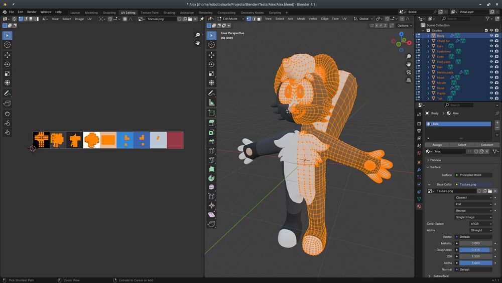 A full screenshot of Blender, showing the 3D model at the right and the texture at the left.