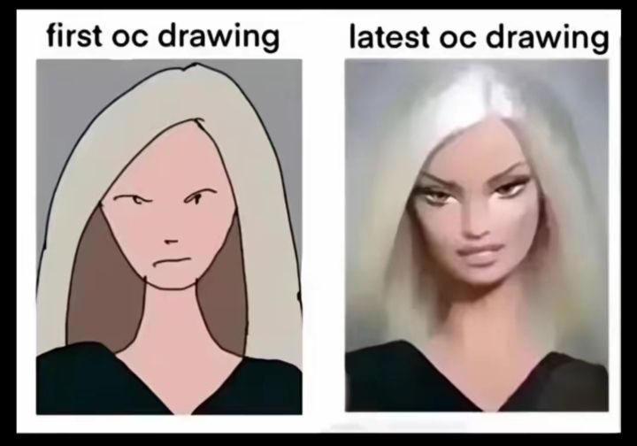 A post that says "First oc drawing." With another text to the side that says "Latest oc drawing."