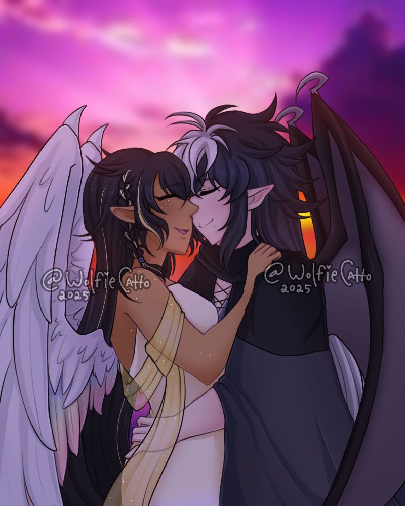 A sunset background with the foreground being two people pulling each other in a warm embrace.