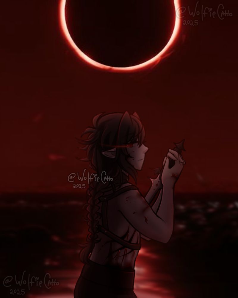 Version 1. An anime-style drawing featuring a man holding a dagger to his chest, the atmosphere dark and gloomy—a blood moon lingers in the background amidst a sea of blood.