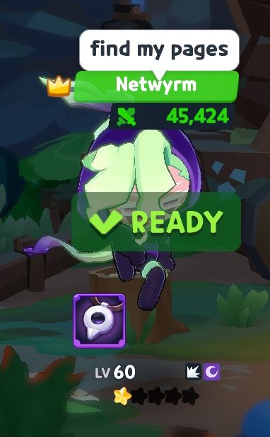 Screenshot of Cookie Run: Tower of Adventure. Cropped photo of the raid lobby showcasing Kohlrabi Cookie sitting down on a stump with a text box saying "find my pages" floating above him