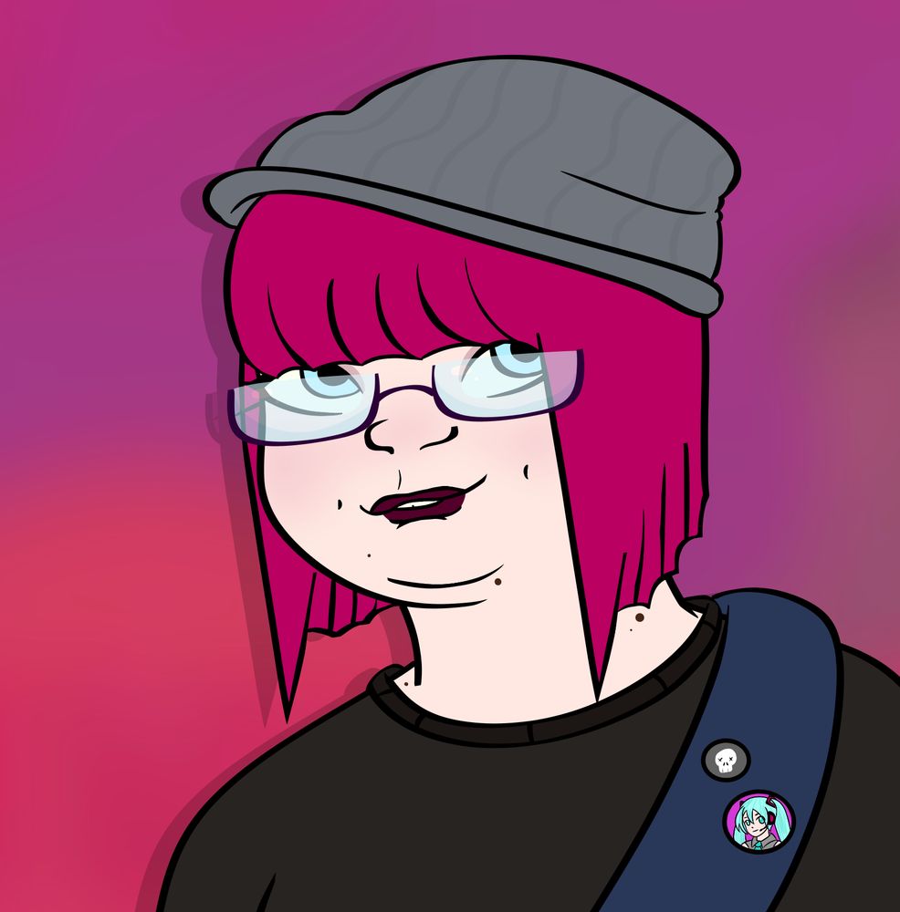 My OC Nikki Smith: She has a dark fuchsia a-line bob with blunt bangs, pale blue eyes, pale skin with some moles, glasses, and two pins on her bag