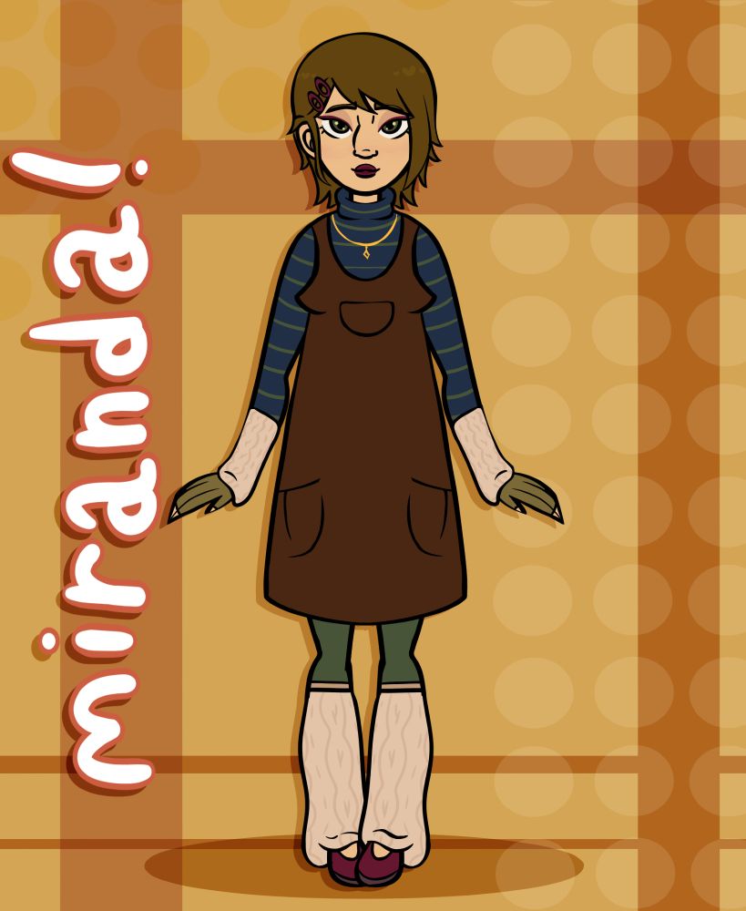 My OC with Thick Lineart stands on a patterned background, wearing a brown dress over a striped shirt and green leggings. She ha son beige arm and leg warmers on. Her name “Miranda!” is written vertically on the left.