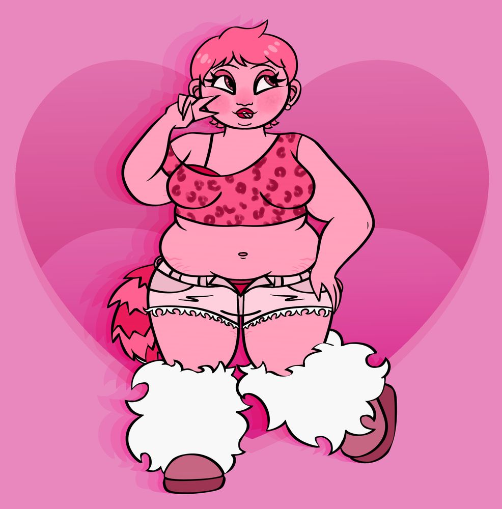 Drawing of my OC Kelly Green with a pixie cut, wearing a hot pink leopard crop top, pale pink shorts, white furry leg warmers, and UGG boots, standing against a pink heart background, and has a pink filter over it.