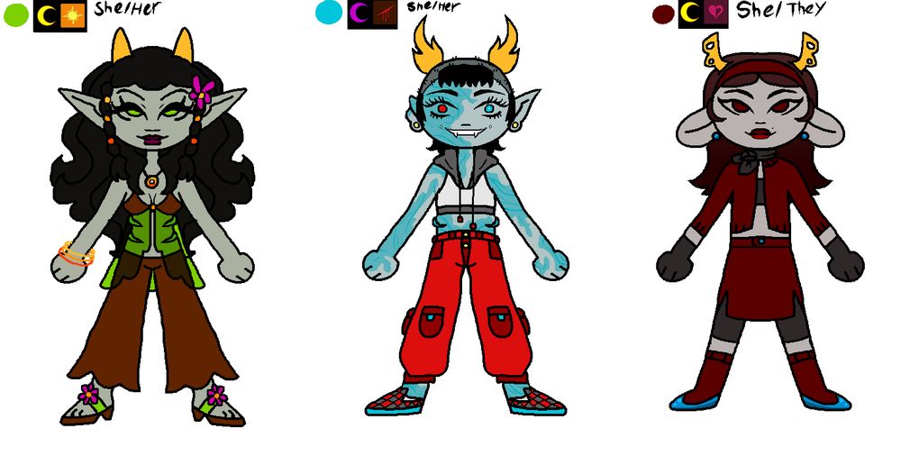 Three homestuck fantrolls in a row, each with distinct outfits, they have Blood colors, lunar sways, aspects, and pronouns: Lime, Prospit, Light, She/Her, Teal, Derse, Blood, She/Her and Rust, Prospit, Heart, She/They