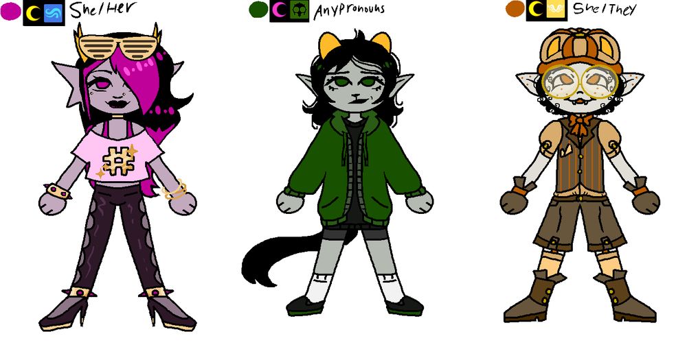 Three homestuck fantrolls in a row, each with distinct outfits, they have Blood colors, lunar sways, aspects, and pronouns: Fuchsia, Prospit, Breath, She/Her, Olive, Derse, Doom, Any Pronouns and Bronze, Prospit, Hope, She/They