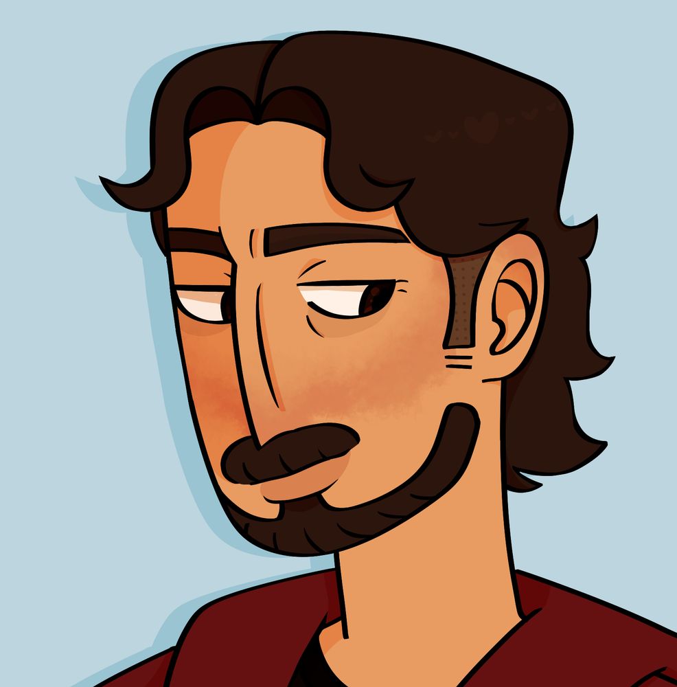 Bust of a man with medium length dark brown hair and beard, he is wearing a red shirt on a light blue background.