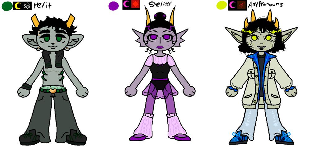 Three homestuck fantrolls in a row, each with distinct outfits, they have Blood colors, lunar sways, aspects, and pronouns: Olive, Prospit, Space, He/It, Violet, Derse, Time, She/Her and Lime, Derse, Blood, Any Pronouns