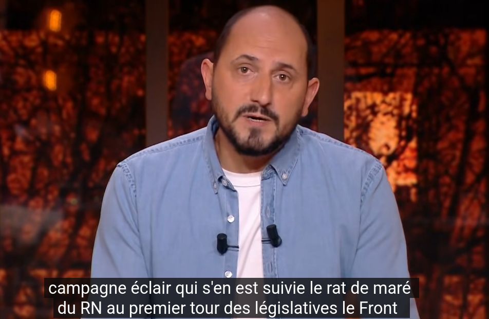 Capture d'écran de C ce soir avec Karim Rissouli et le sous titre suivant :
campagne éclair qui s'en est suivie le rat de maré du RN au premier tour des législatives le Front..."