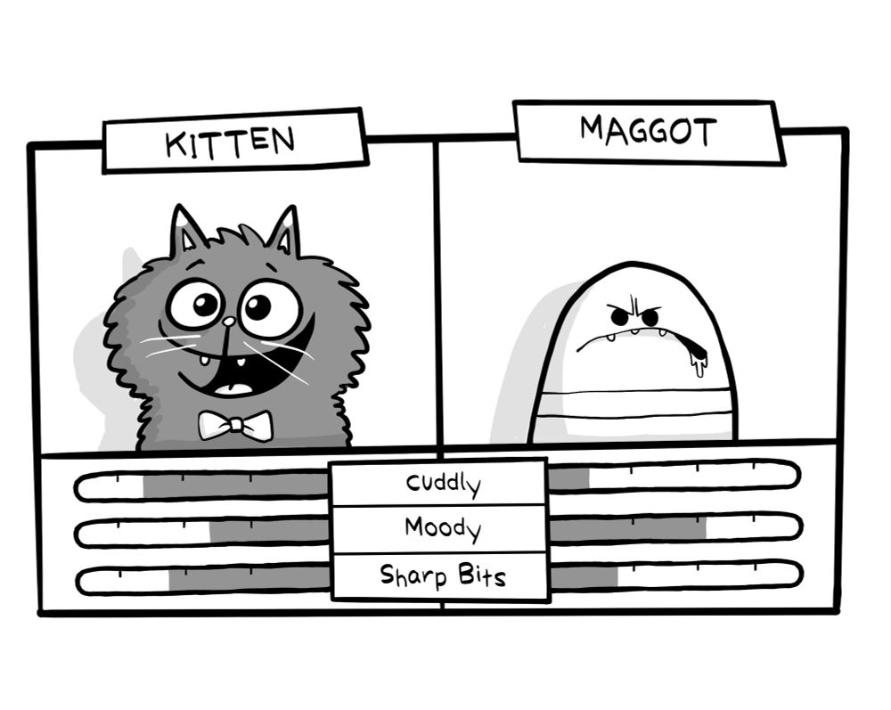 An infographic comparing the appeal of  kittens versus maggots. The result is fairly even.