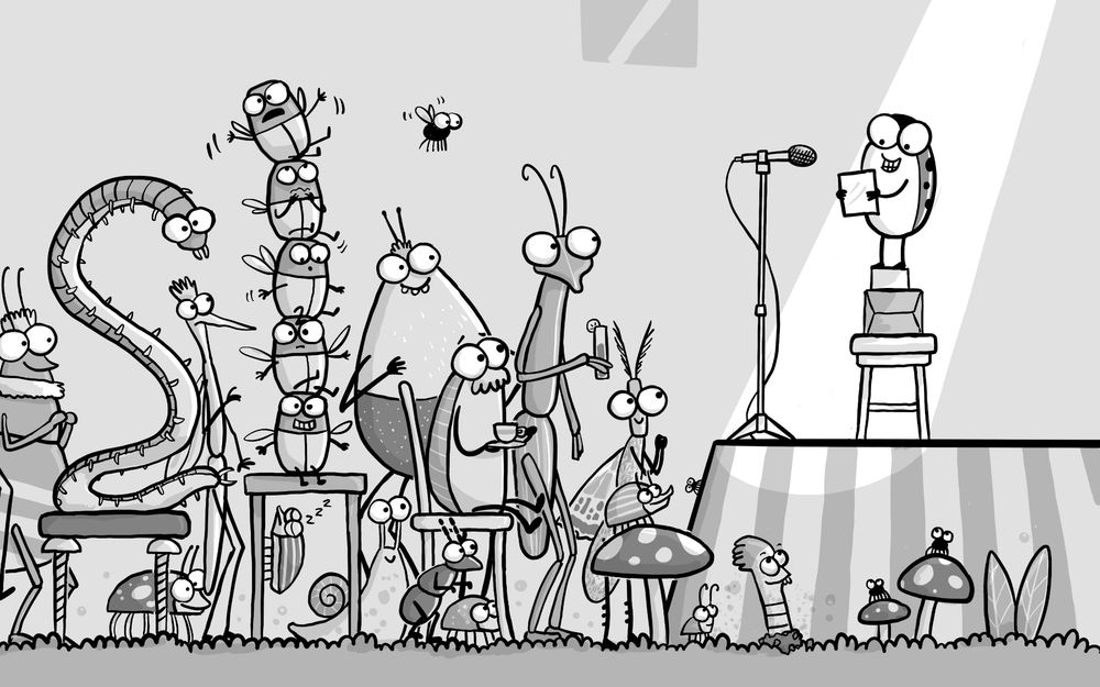 An illustration of a bunch of bugs watching a ladybird give a poetry reading on stage in a juice bar.