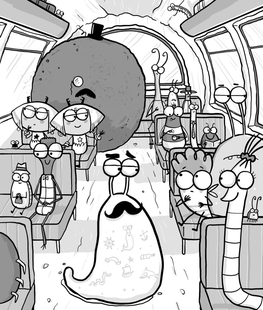 An illustration of a tour bus filled with bugs. A slug called Reg Scribble leads the party.