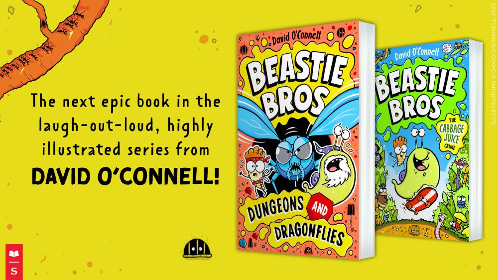 The book cover of Beastie Bros: Dungeons & Dragonflies, featuring Dribble the snail and Dash the firefly being chased by a fierce giant dragonfly.