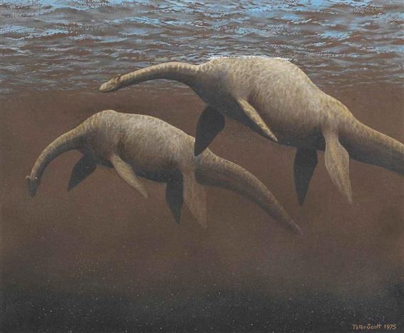 A painting by Sir Peter Scott, depicting two swimming animals he labelled “Nessiteras Rhombopteryx”, his speculative identity for the Loch Ness Monster. They look like prehistoric plesiosaurs, but have humps on their back and small horns on their heads. 