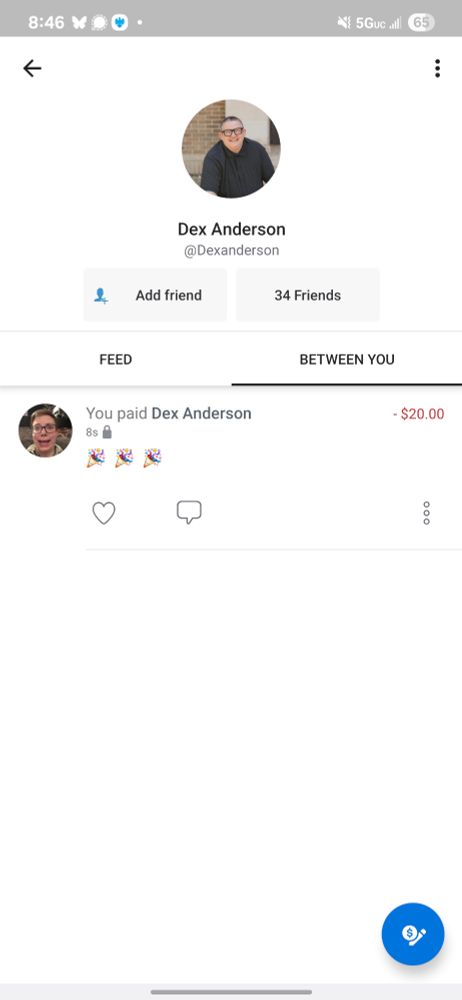 Screenshot showing I gave Dex $20 on venmo