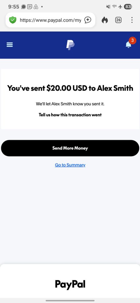 Screenshot showing I gave $20 to Alex