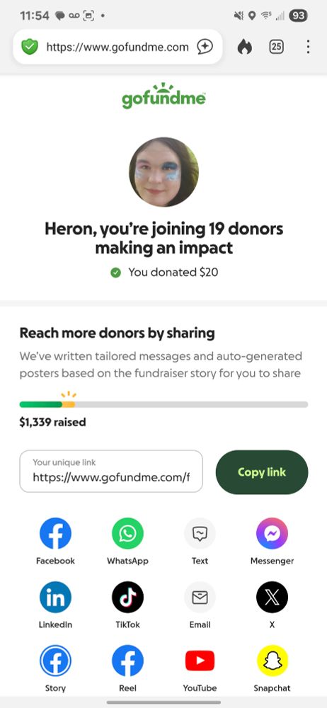 Screenshot showing I gave $20 to Phoebe!