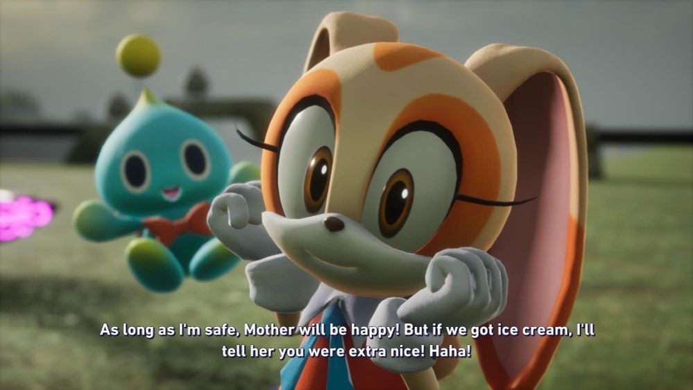 Vector Rival Dialogue in Sonic Racing Crossworlds:

Cream: "As long as I'm safe, Mother will be happy! But if we got ice cream, I'll tell her you were extra nice! Haha!"