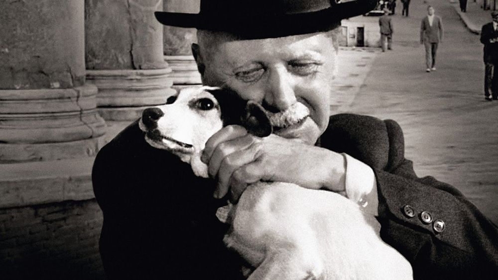 A black and white still from Umberto D (1952) shows an old Italian man wearing a black hat and cuddling a small white dog with dark ears.